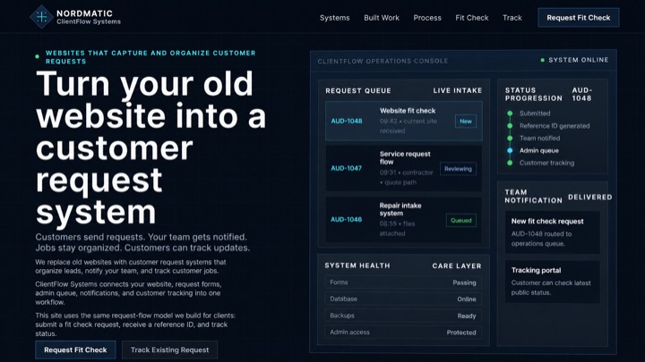 Nordmatic ClientFlow Systems website screenshot